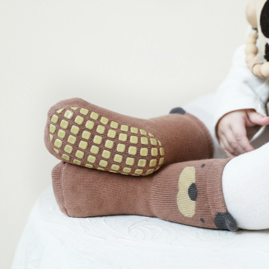 Kids non-slip grip socks in earthy tones with full-sole silicone grips, baby socks, toddler socks